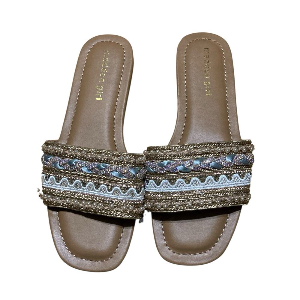 Madden Girl Women's Slip On Sandals Size 7 Tropical Gold Ribbon Jewels Travel
